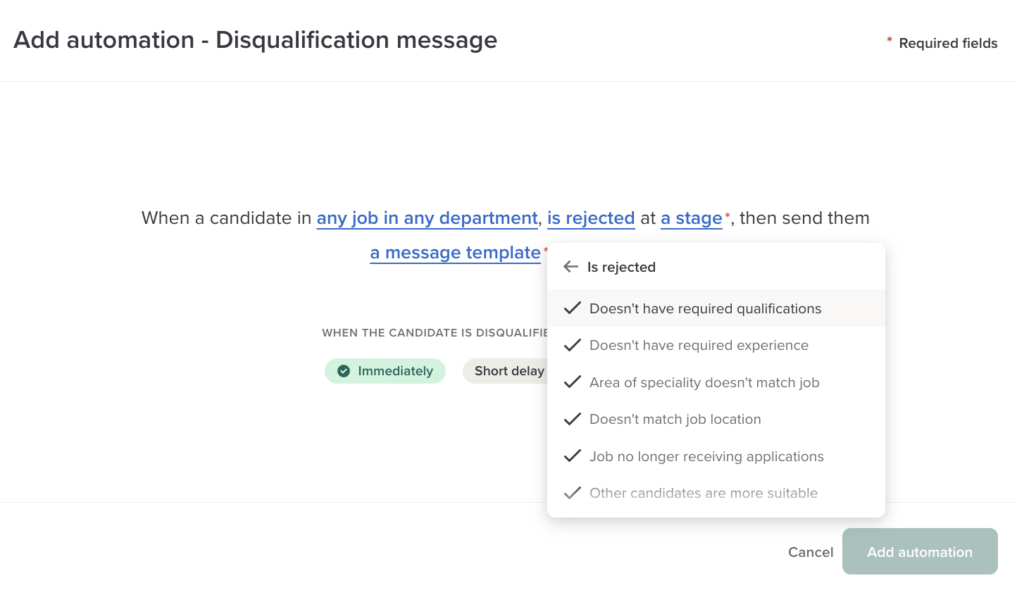 The reason picker showing Rejected-specific reasons with checkboxes