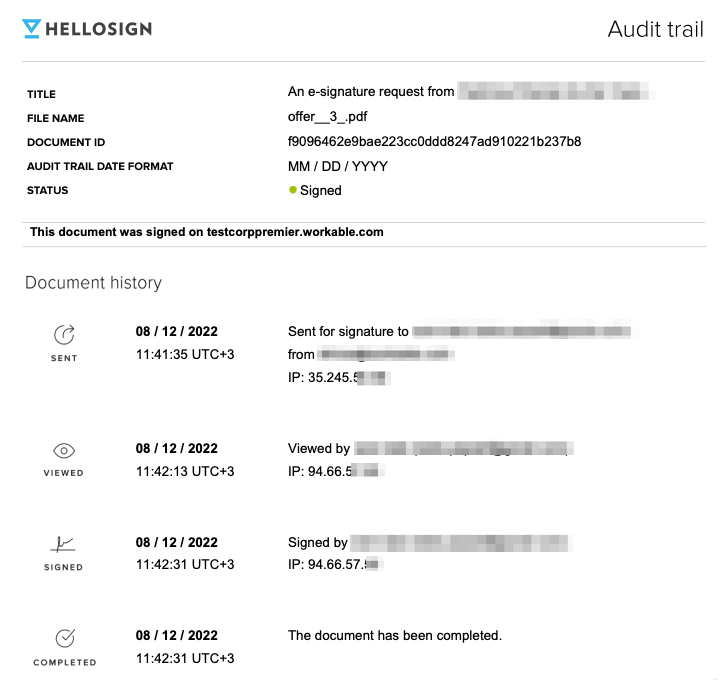 Is there an audit trail for esignature document activities? Workable